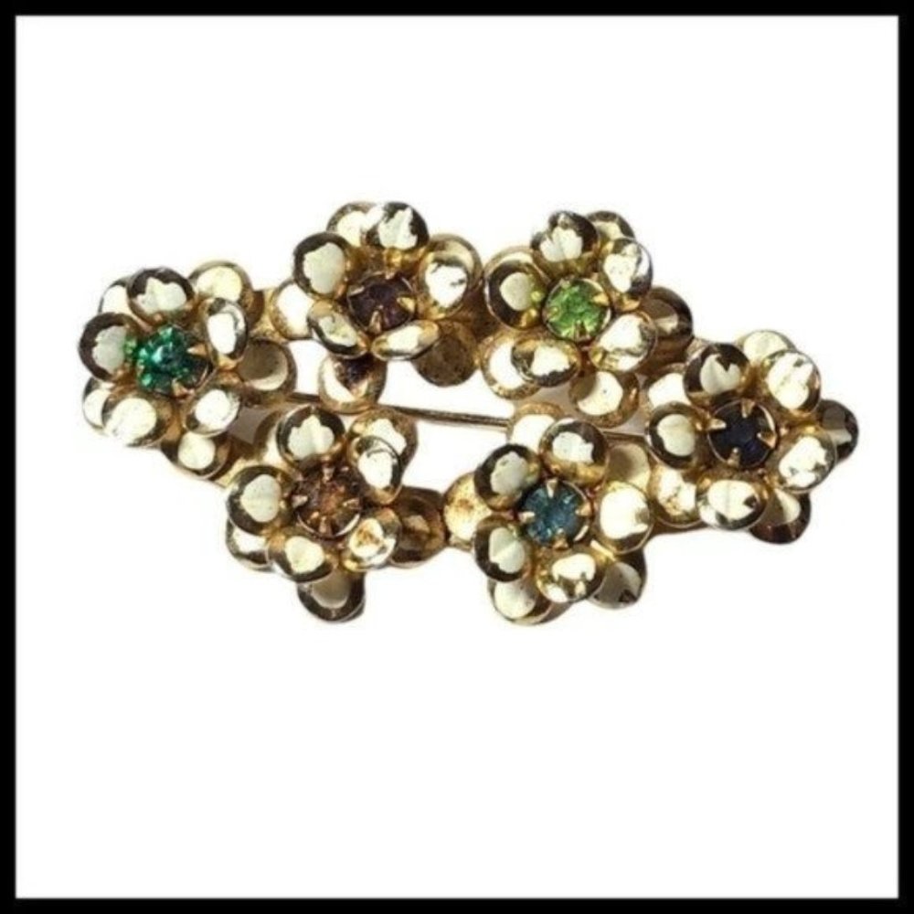 Vintage Oval Flowers Multicolor  Rhinestone‎ Crystal Brooch Pin